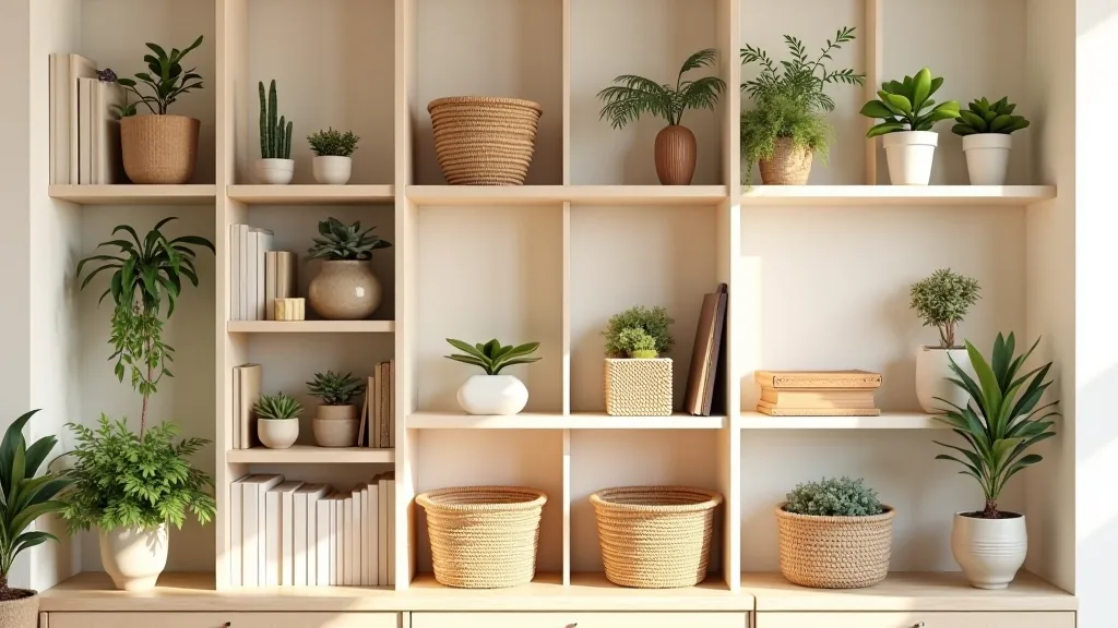 Well-organized shelving with books, potted plants, framed artwork, woven baskets, and decorative objects arranged with balanced spacing and visual rhythm