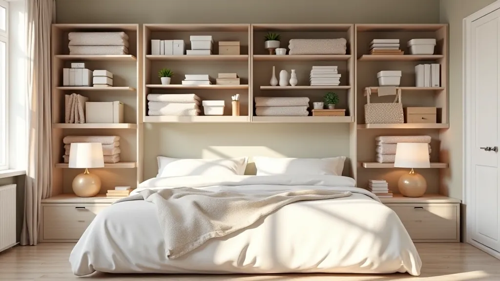 Well-organized bedroom with vertical shelving and under-bed storage containers