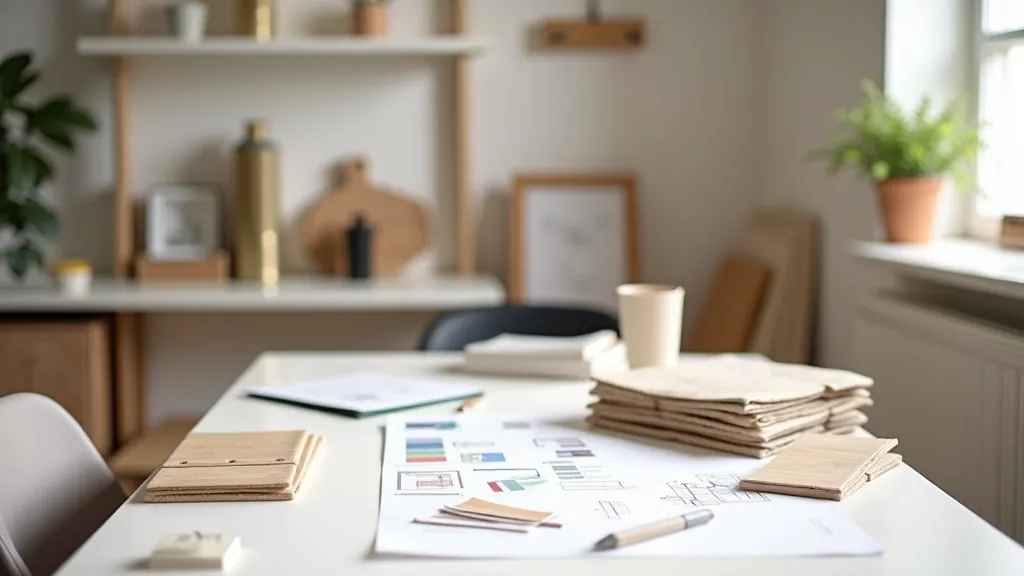 Modern home storage workspace with shelving systems and design materials