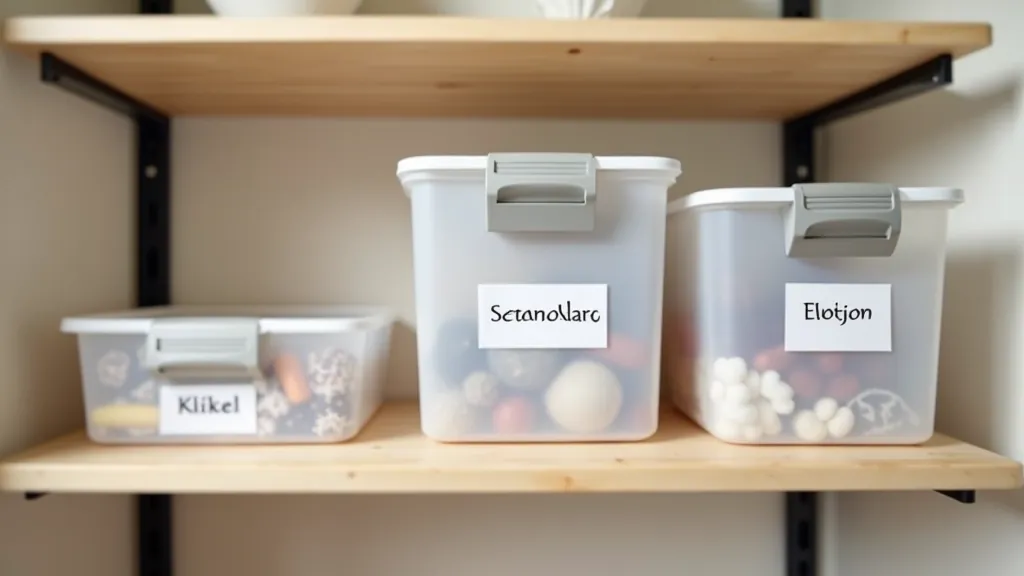 Labeled storage containers showing seasonal rotation system with clearly marked contents and dates