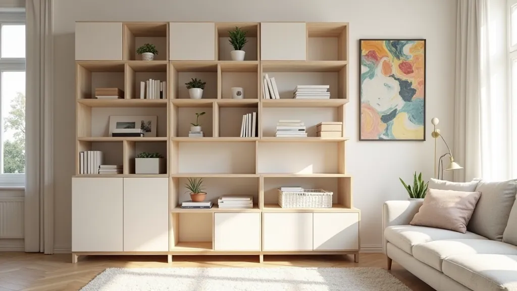 Living room with modular storage units and organized items on shelves