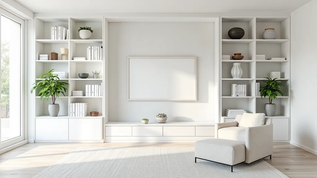 Modern living room with floor-to-ceiling white shelving units displaying books, plants, and decorative items organized in an attractive arrangement