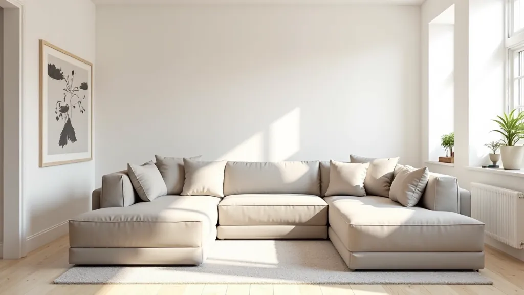 Modern modular sofa in light living room with clean Scandinavian design, natural daylight from windows, minimalist interior decoration