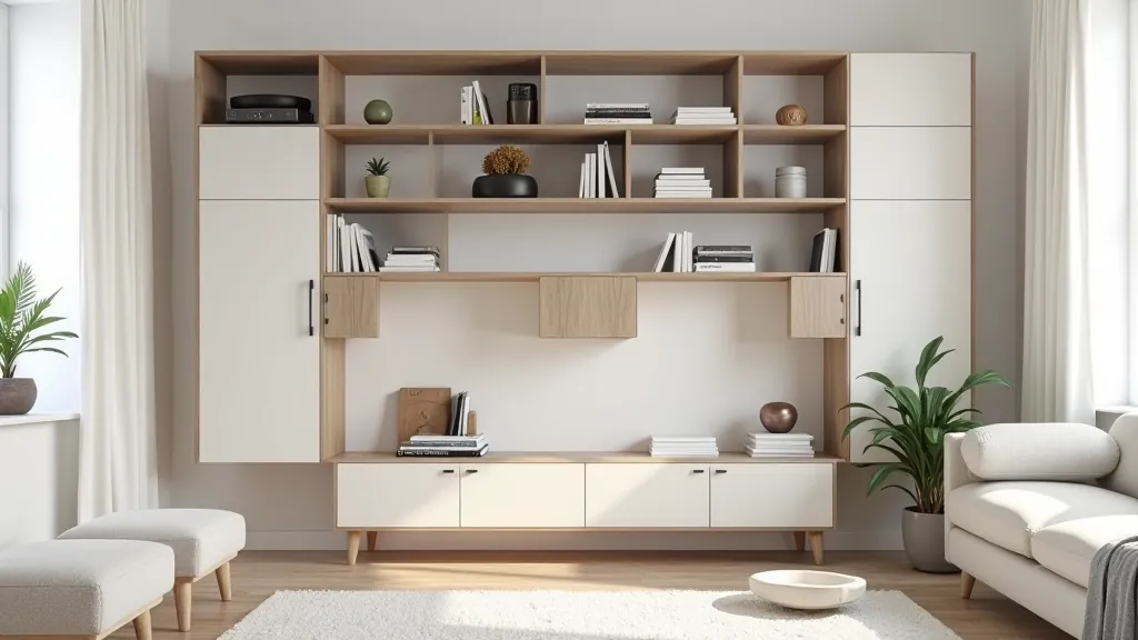 Modern vertical shelving system installed on living room wall with decorative items and books