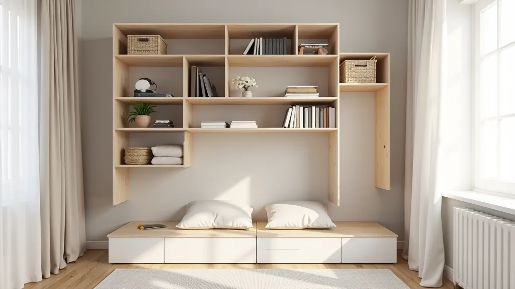 Modern vertical shelving system installed on bedroom wall displaying books and storage baskets