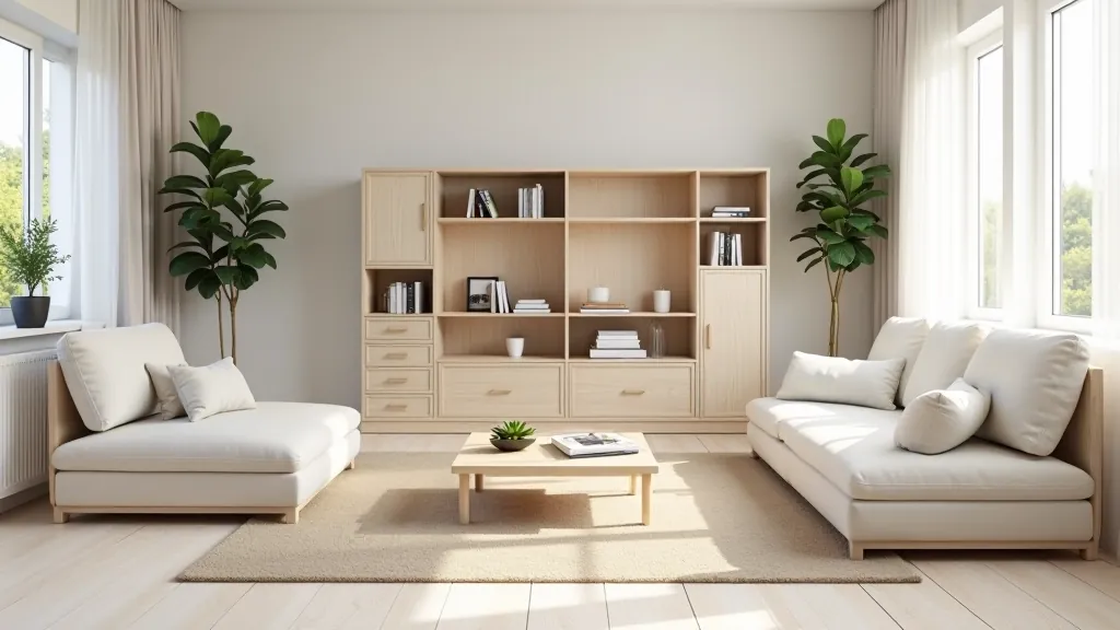 Modular furniture pieces arranged in living room showing flexible storage and seating configuration