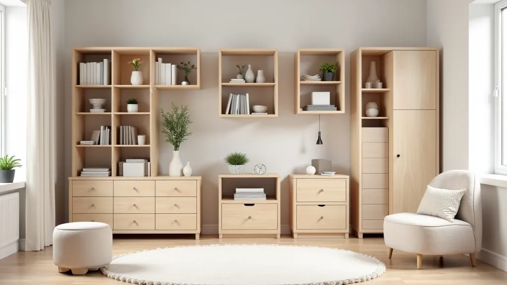 Modular storage furniture pieces arranged in different configurations in a modern home setting