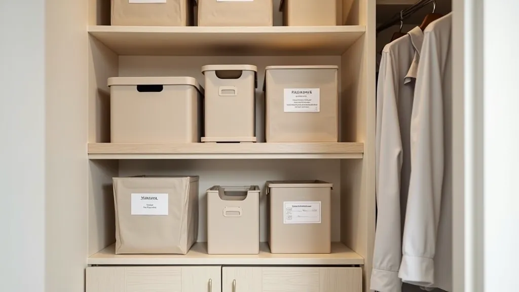 Closet space with seasonal rotation system and labeled storage