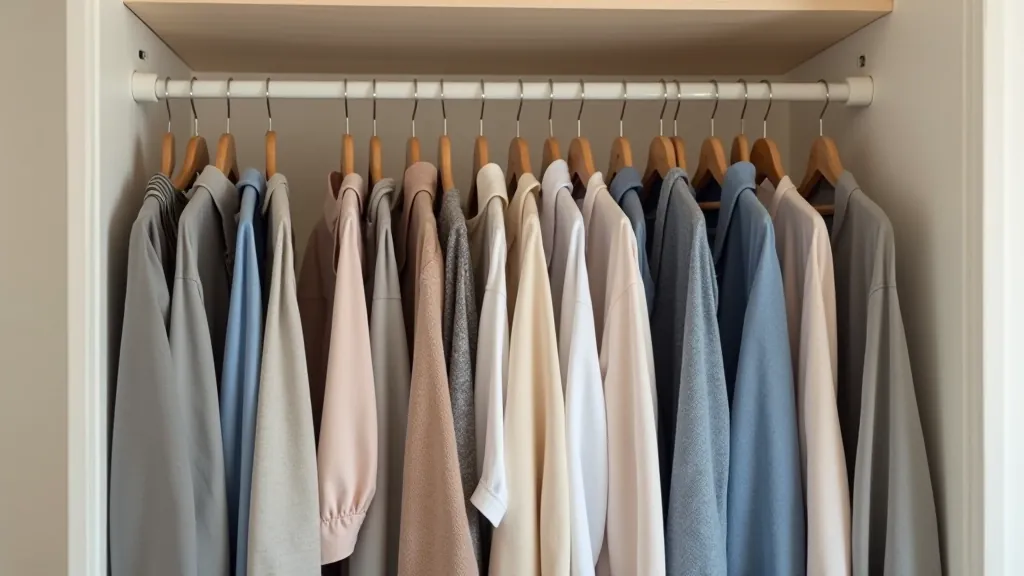 Closet rod with seasonal clothing separated by divider showing winter side and summer side