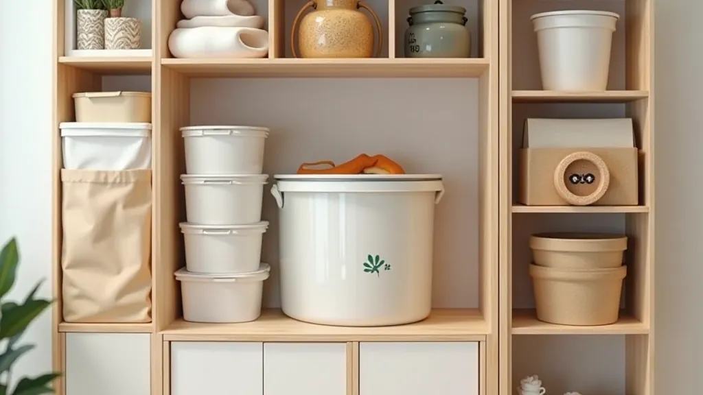 Organized storage containers with seasonal items neatly arranged on shelves