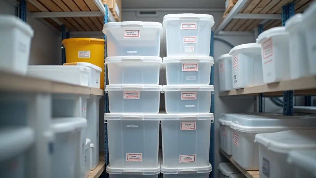 Labeled storage containers stacked in a basement corner showing organized seasonal rotation
