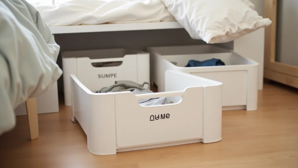 Organized under-bed storage containers neatly arranged with clear labeling visible on drawer fronts