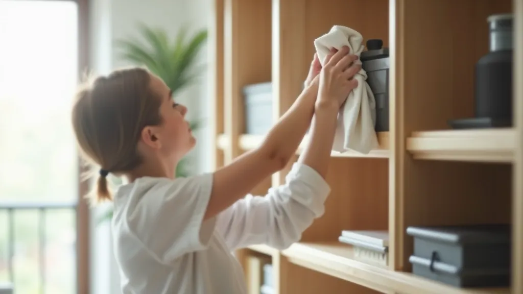 Person cleaning shelves with a soft cloth, maintaining organized arrangement of books, plants, and decorative items on white wall shelving