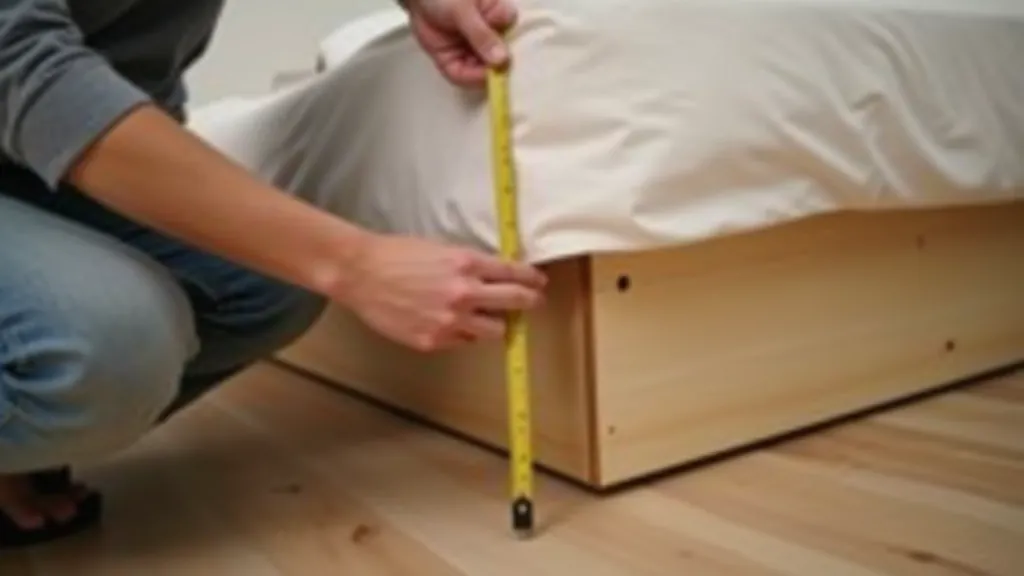 Person measuring the clearance under a bed frame with a measuring tape, showing proper height assessment for container selection
