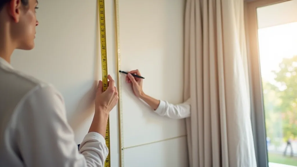 Person measuring wall space with tape measure and making notes on clipboard while planning shelf installation layout