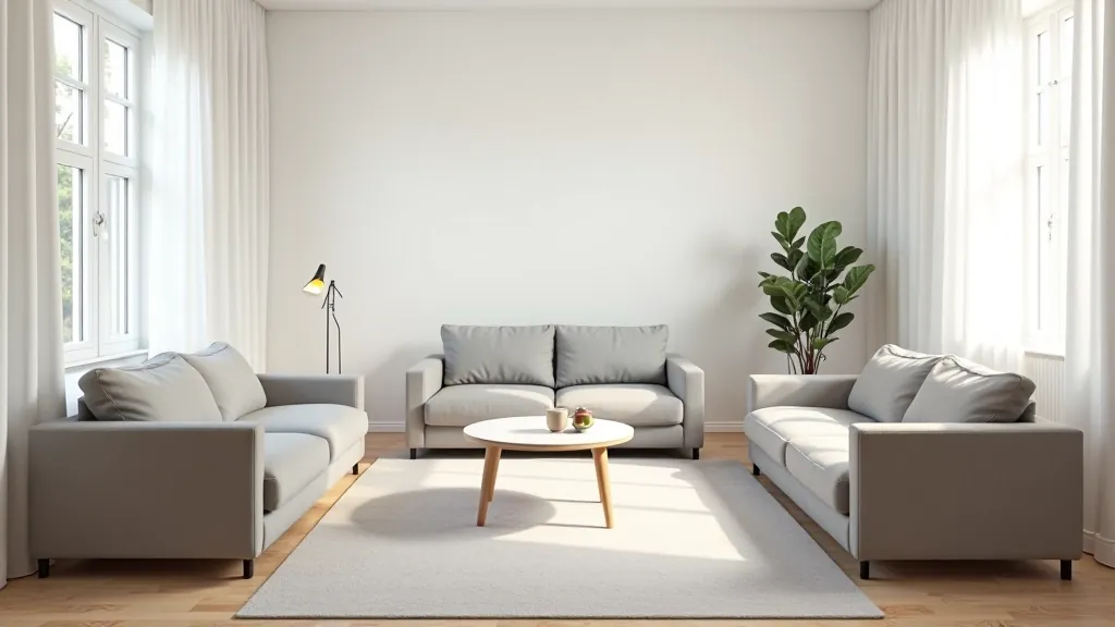 Three different modular sofa configurations shown side by side: L-shape, straight line, and U-shape arrangements in a bright apartment setting