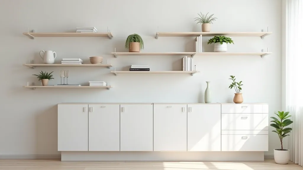 Comparison view showing four different wall shelving styles side by side - floating white shelves, metal track system, built-in cabinet units, and tall wooden shelving unit