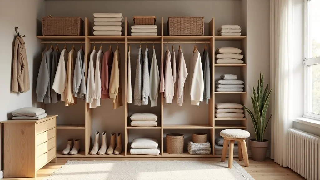 Seasonal clothing and storage items organized by season in home storage area, rotating system for year-round organization