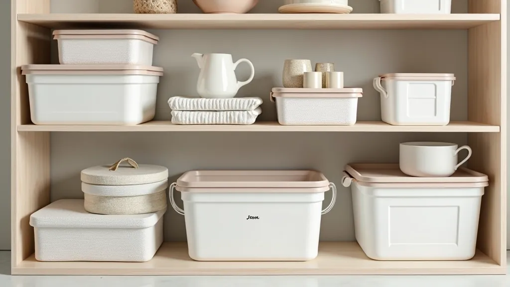 Seasonal items organized in clear containers with seasonal labels, showing rotation-ready storage setup