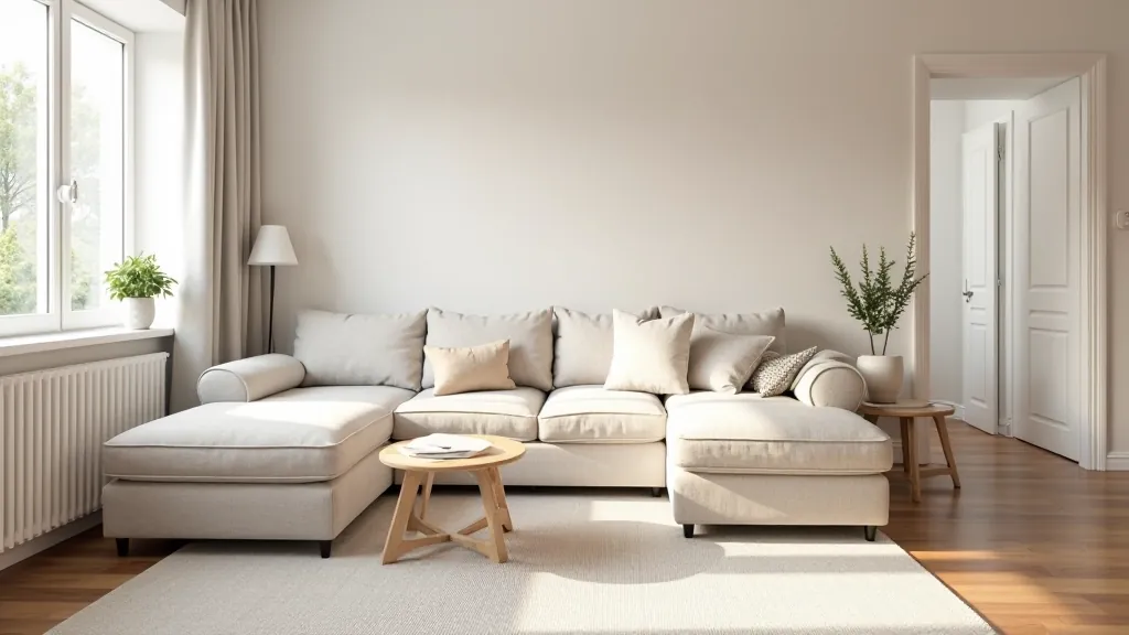 Small European apartment living room with L-shaped modular sofa, efficient space planning with vertical storage, compact but comfortable furniture arrangement