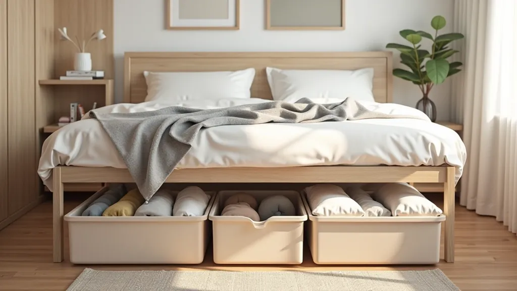 Under-bed storage containers in organized bedroom showing seasonal items and belongings neatly stored, practical home organization