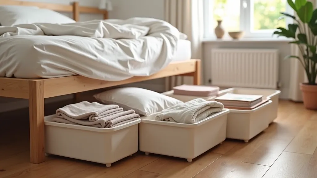 Under-bed storage containers on a bed frame showing practical organization of bedding and seasonal items