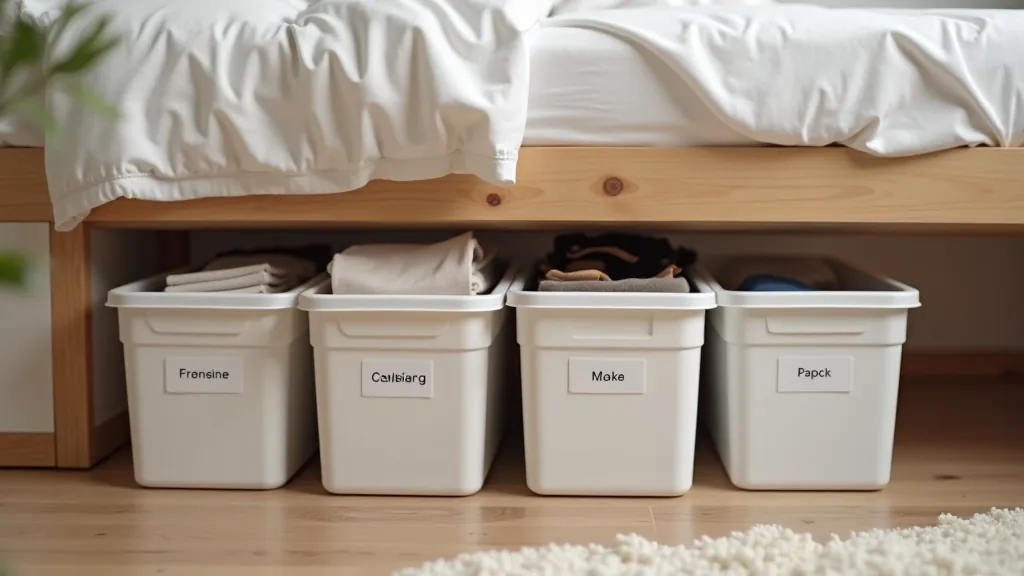 Under-bed storage containers showing organized items neatly stored in plastic bins with labels