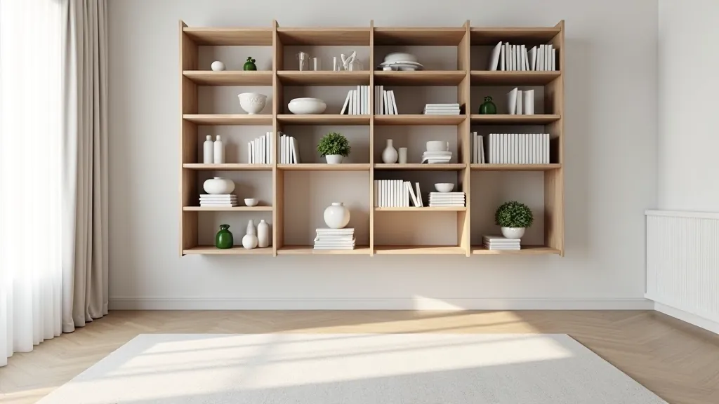 Wall-mounted vertical shelving system in modern apartment displaying books and decorative items, organized and spacious