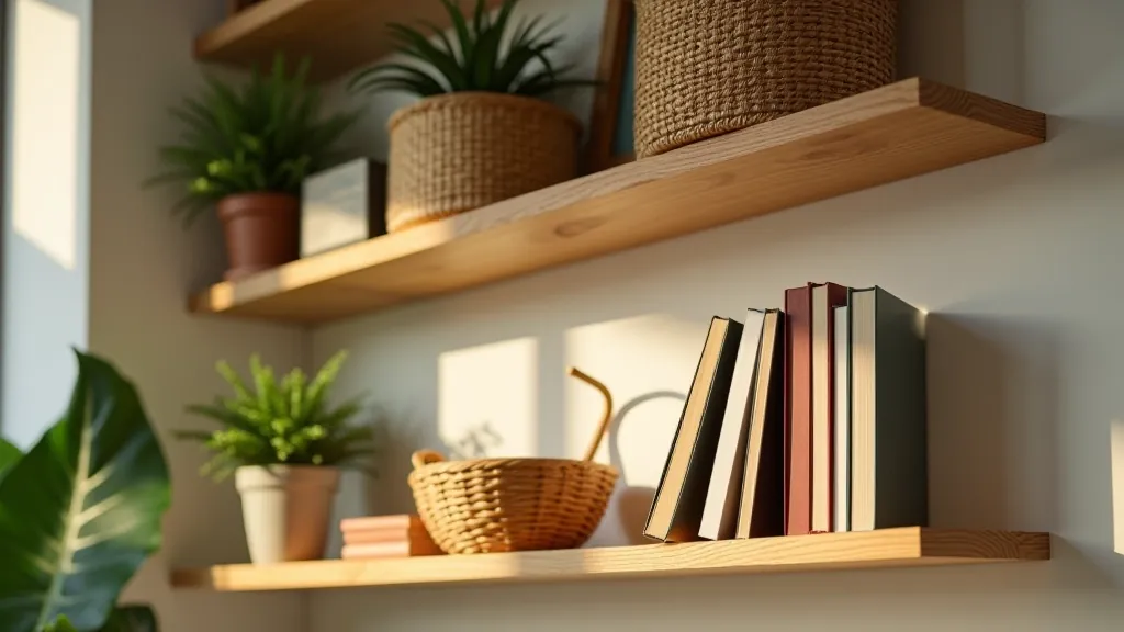 Close-up detail of wooden shelves with organized items including books, small plants in ceramic pots, framed photos, and woven storage baskets