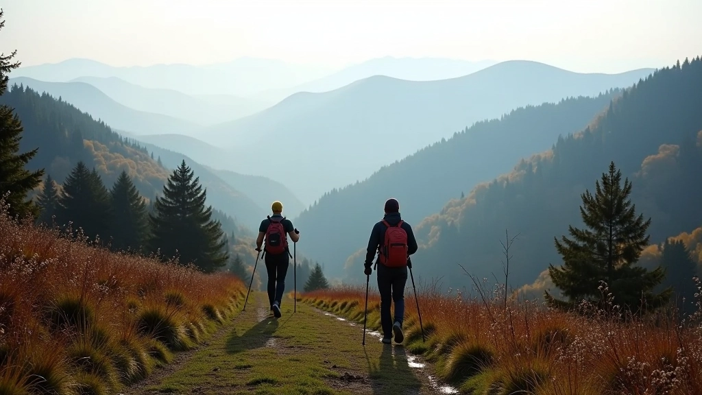 Panoramic view of Beskydy mountains with forested slopes and mountain peaks in misty morning light
