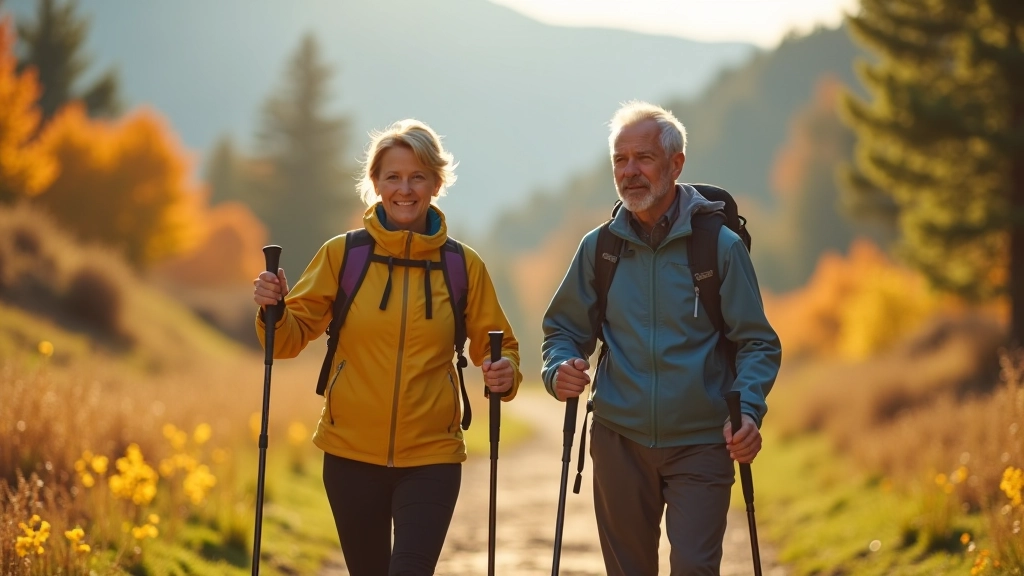 Couple hiking on mountain trail with Nordic walking poles in the Beskydy mountains