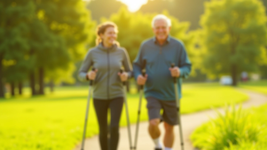 Older couple walking together on a flat park path with Nordic poles
