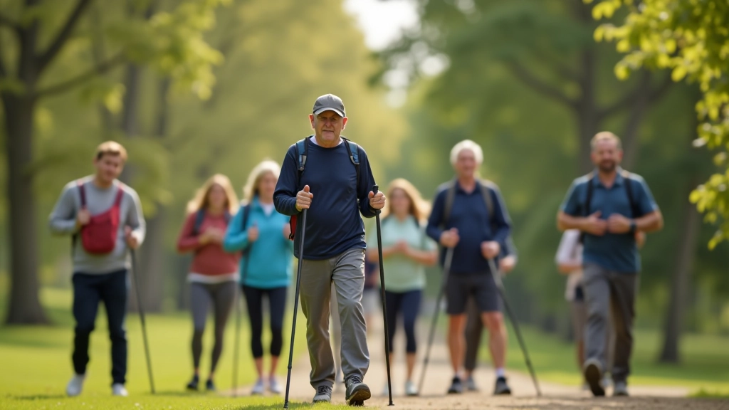 Nordic walking instructor demonstrating proper posture and body alignment to a group of beginner walkers on a park path