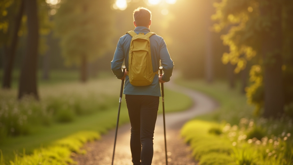 Man in outdoor gear walking with Nordic walking poles on park trail, demonstrating proper technique and form