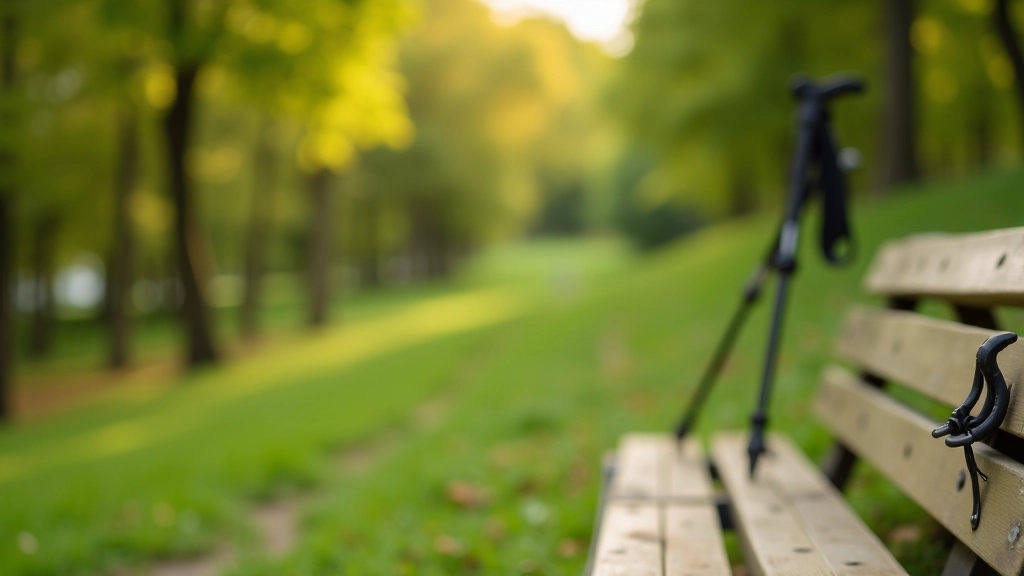 Pair of Nordic walking poles resting against a wooden bench in a park setting with trees and grass
