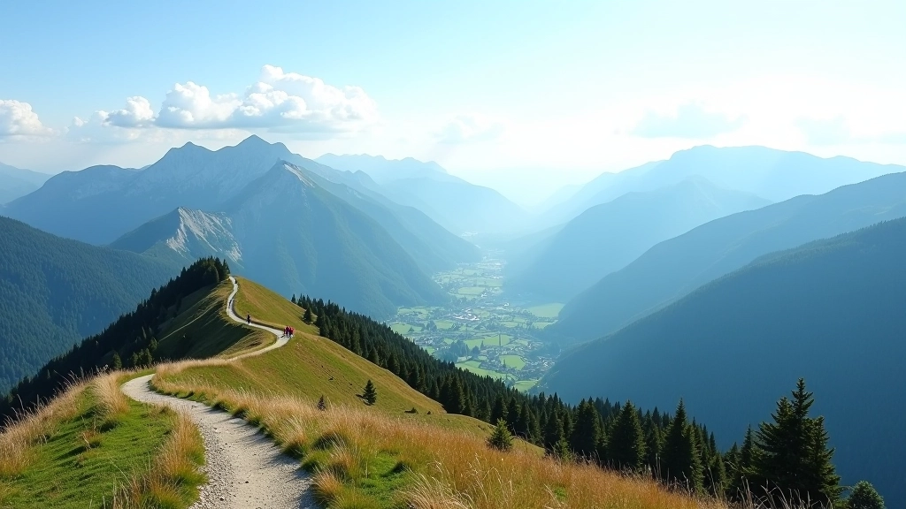 Panoramic view from Jeseníky ridge showing dramatic mountain landscape with hiking trail visible in distance and clear blue sky