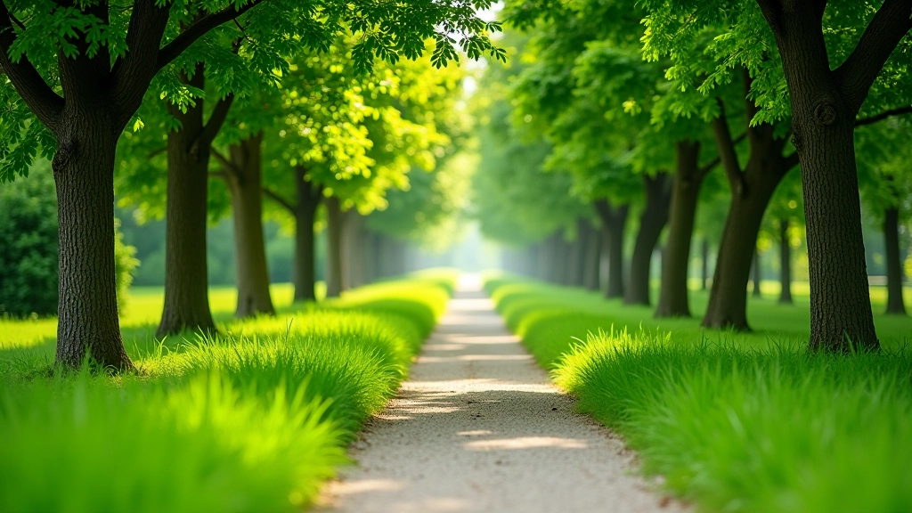 Scenic park pathway with green trees and walking trail, perfect for beginners learning Nordic walking